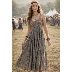 The Pyramid Collection Womens Dress  XS Grey Maxi  Embroidered Boho Art to Wear
